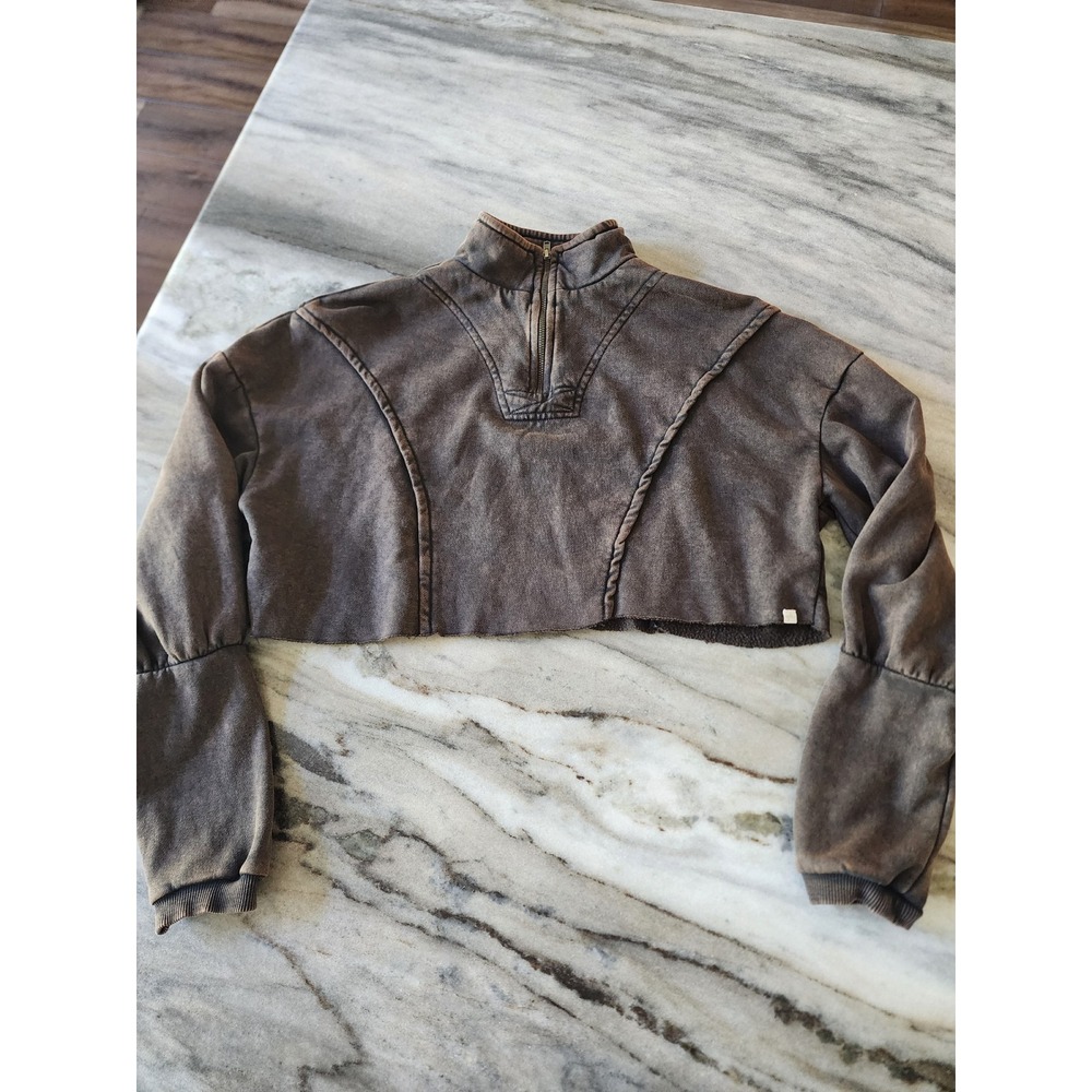 Out From Under Urban Outfitters Brown Mineral Wash Cropped Quarter Zip Pullover